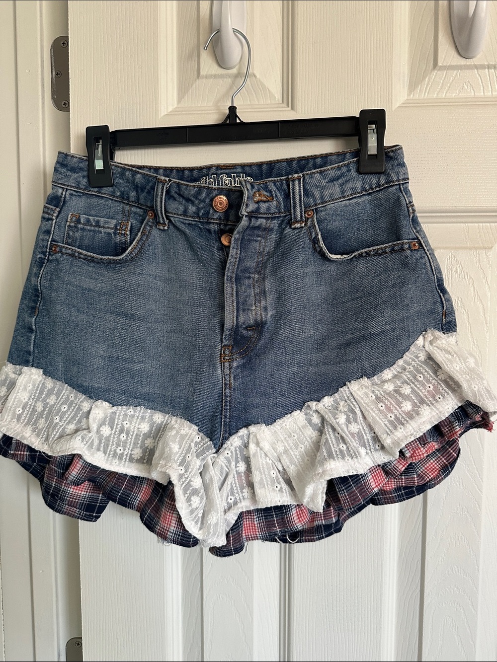Upcycled Denim Shorts with White Lace & Plaid Ruffle - Blue